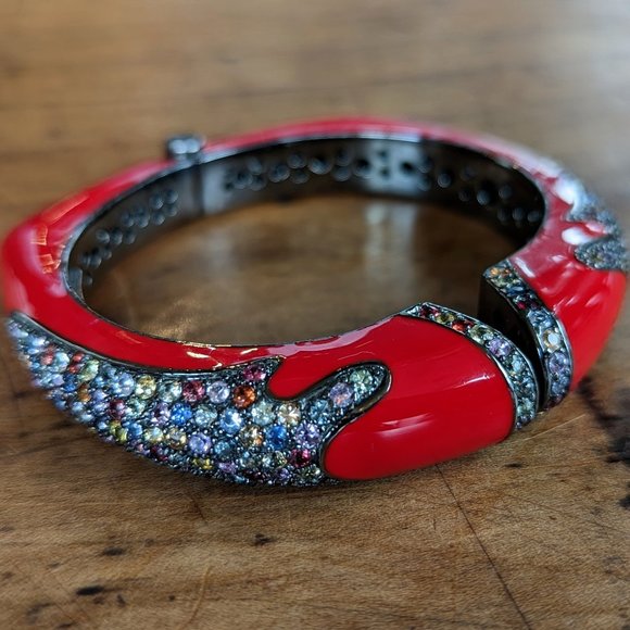 Rina Limor Red Enamel Bracelet 925 Sterling Silver Clamper Bangle Cuff Signed - Picture 1 of 7